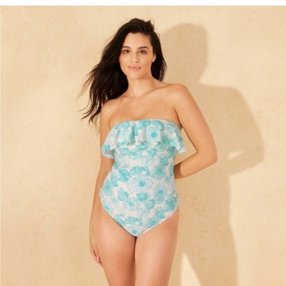 NWT Women's Floral Print Ruffle Bandeau Cheeky One Piece Turquoise Green Size XS